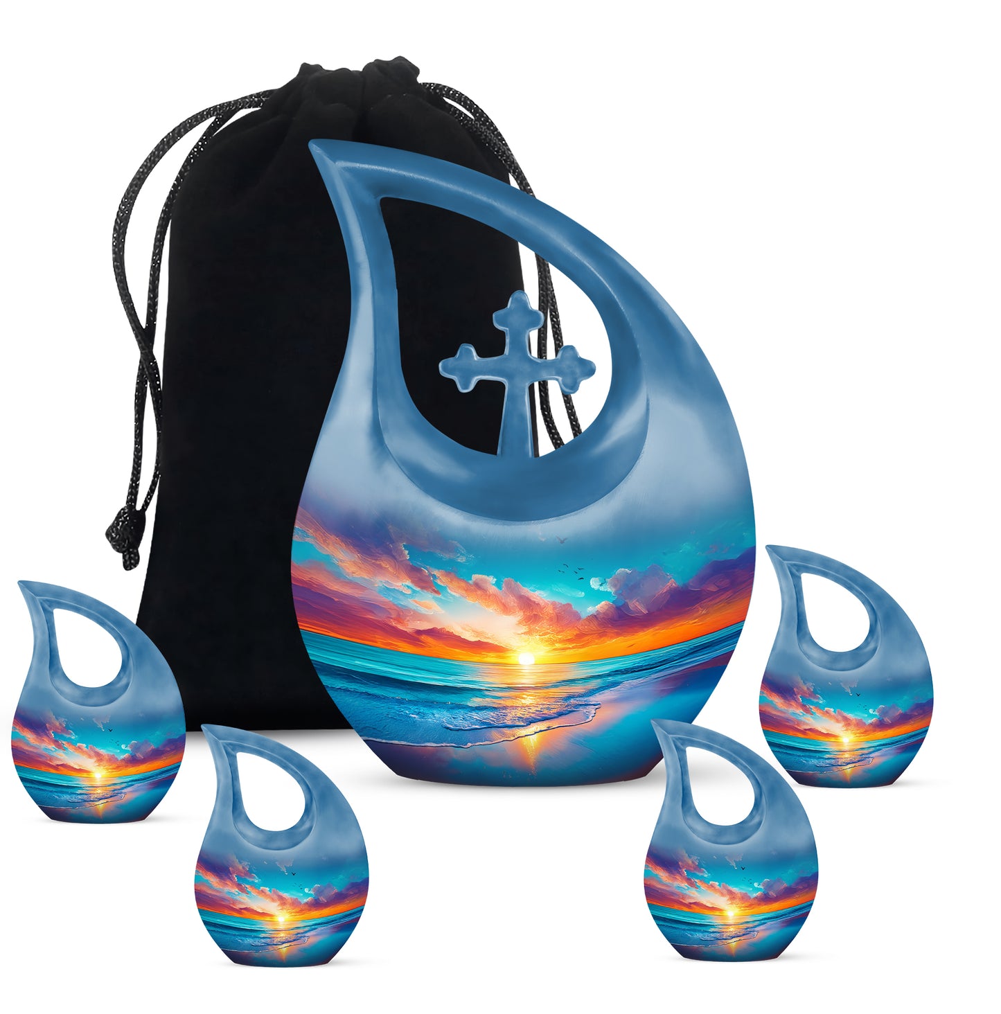 Vivid Blue Beach Cremation Urn urn with complimentary velvet bag - devotional cross-drop beach engraving - memorial set with one large and four small urns