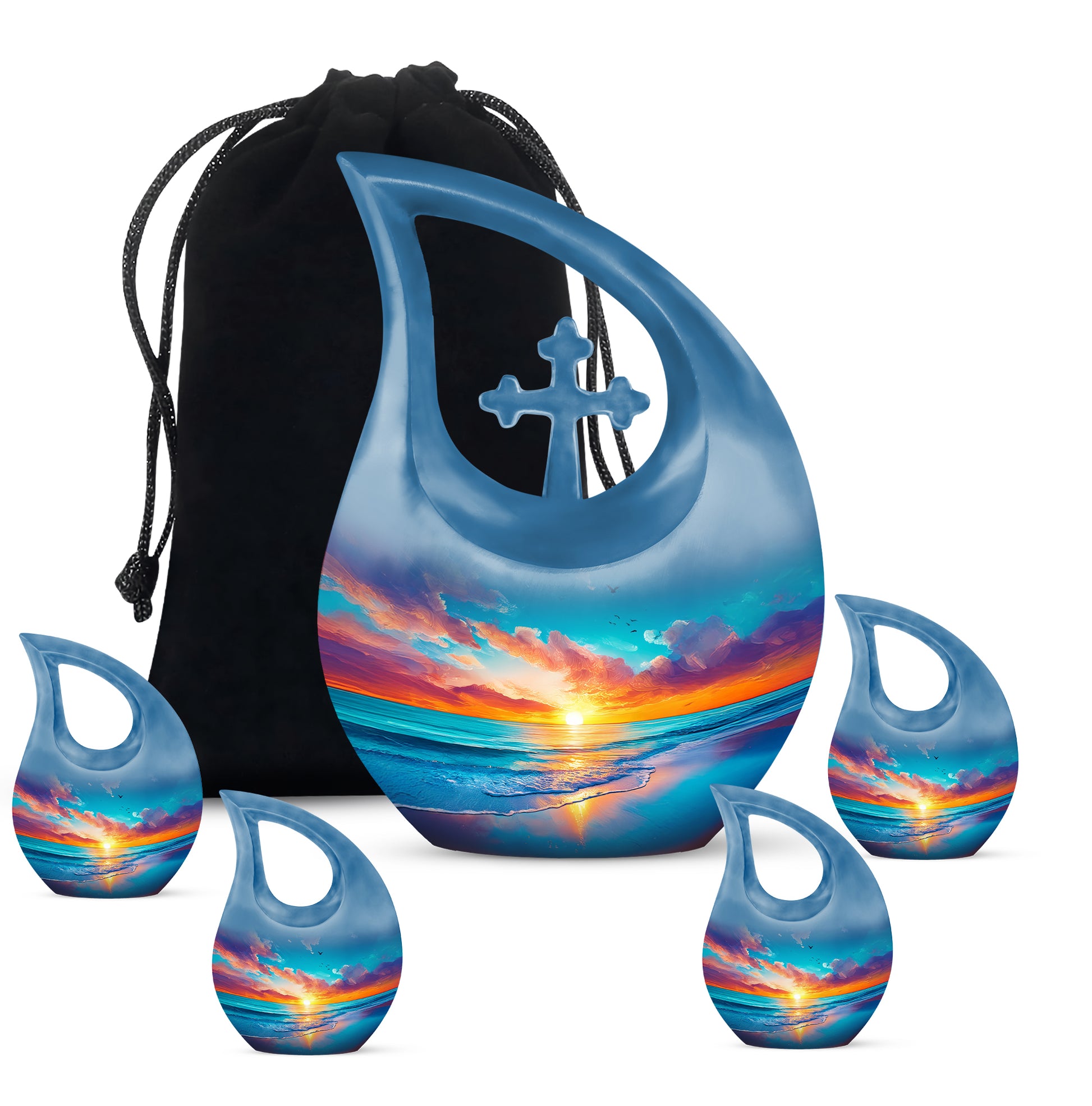 Vivid Blue Beach Cremation Urn urn with complimentary velvet bag - devotional cross-drop beach engraving - memorial set with one large and four small urns