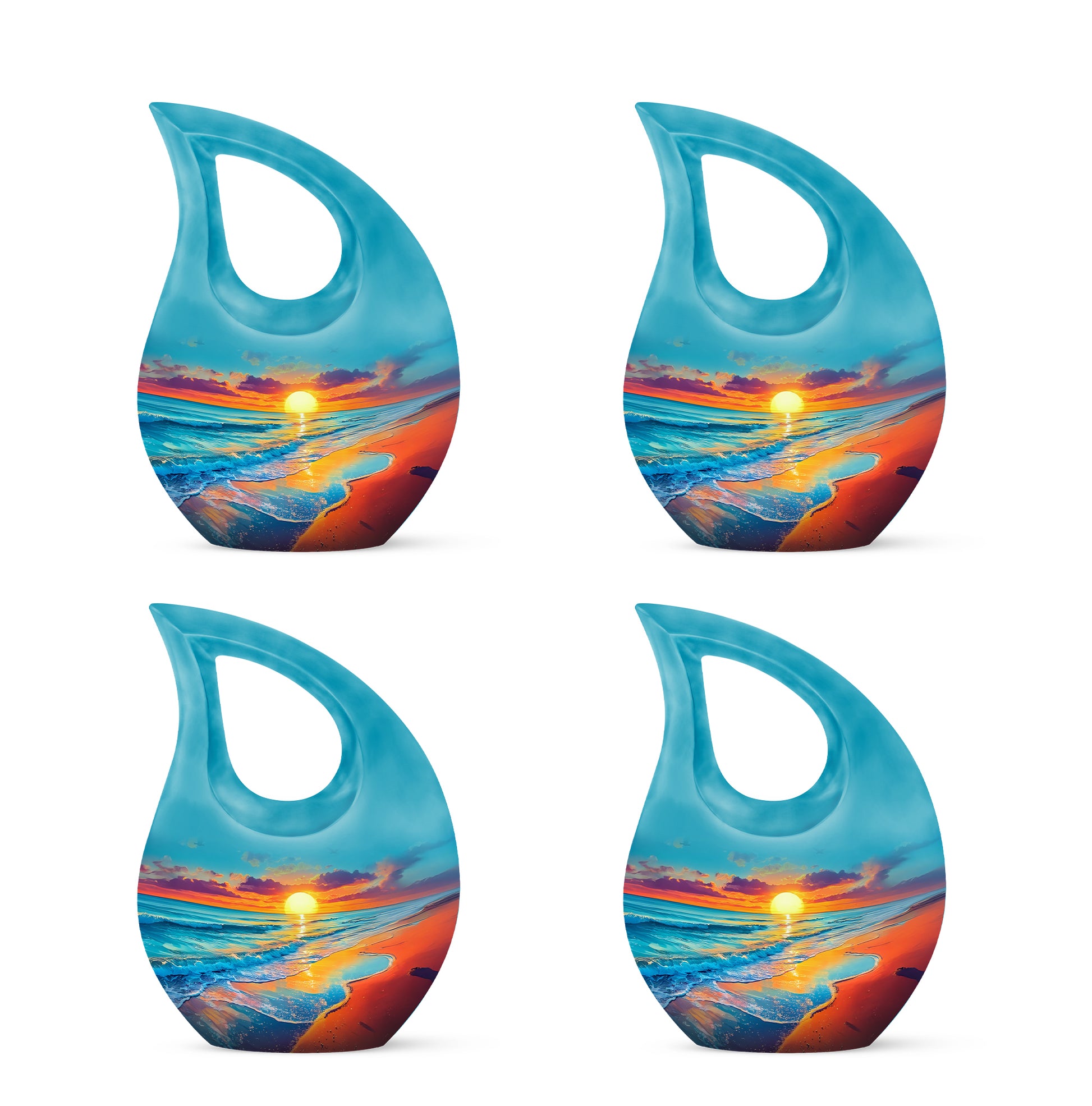 Ocean Teal Beach Cremation Urn lifestyle display on memorial shelf - cross and beach combined in spiritual memorial design - 10 inch aluminum urn for cremated remains