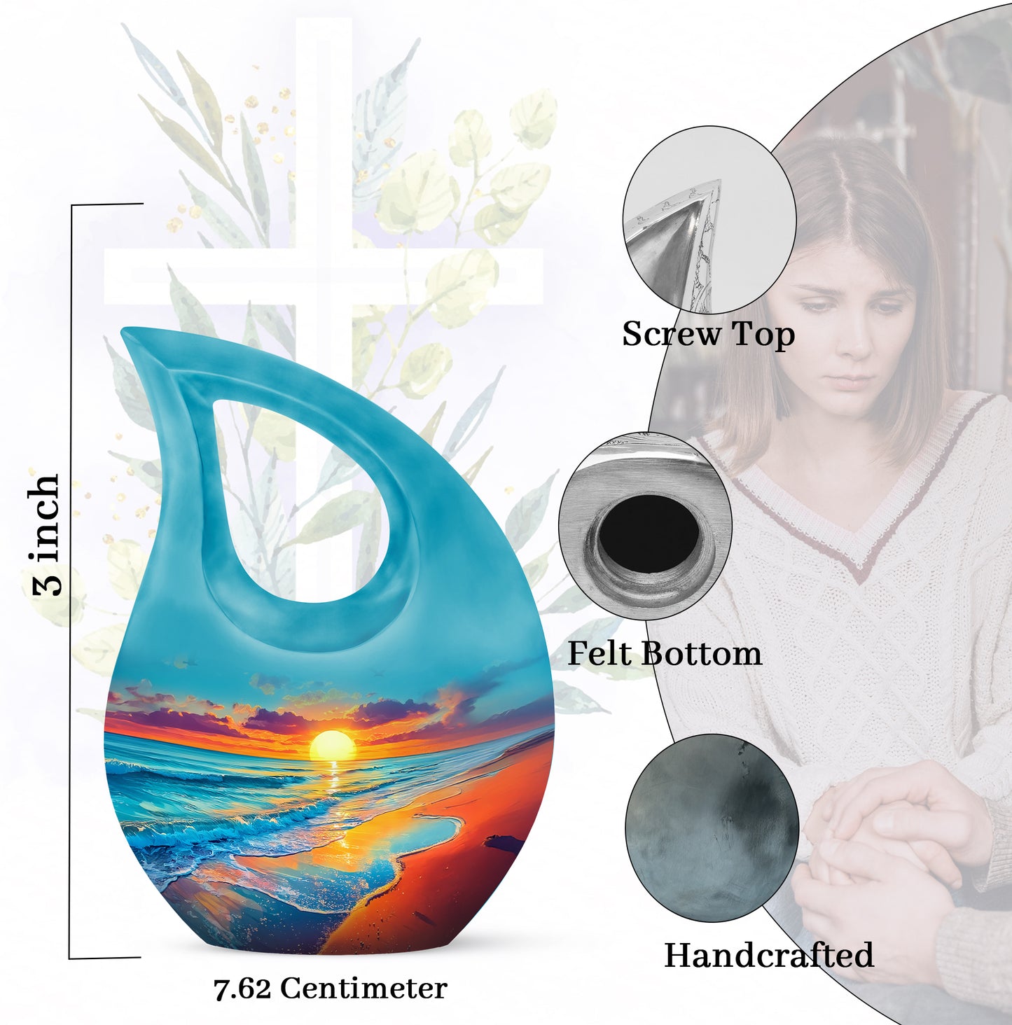 Mystic Teal Beach Cremation Urn back view with polished surface - faith-inspired cross-drop urn with beach pattern - mini keepsake memorial for portion of cremation ashes