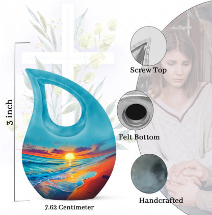 Mystic Teal Beach Cremation Urn back view with polished surface - faith-inspired cross-drop urn with beach pattern - mini keepsake memorial for portion of cremation ashes