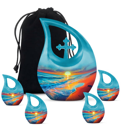 Tropical Teal Beach Cremation Urn urn with complimentary velvet bag - faith-inspired cross-drop urn with beach pattern - memorial set with one large and four small urns