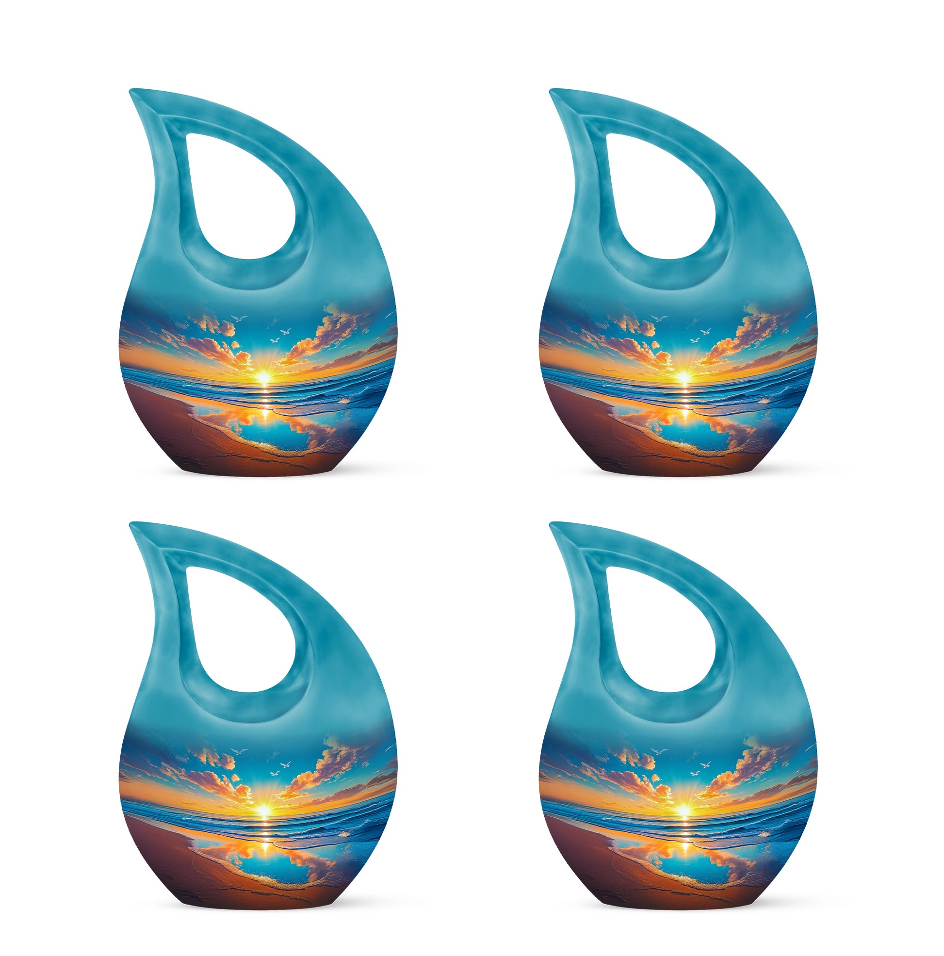 Misty Blue Beach Cremation Urn lifestyle display on memorial shelf - sacred cross merged with beach motif on metal - 10 inch aluminum urn for cremated remains