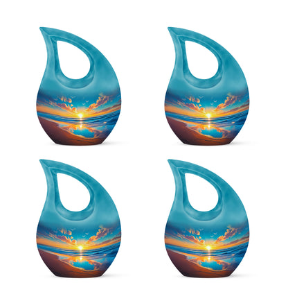 Misty Blue Beach Cremation Urn lifestyle display on memorial shelf - sacred cross merged with beach motif on metal - 10 inch aluminum urn for cremated remains