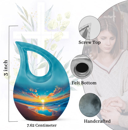 Azure Beach Cremation Urn back view with polished surface - cross and beach combined in spiritual memorial design - mini keepsake memorial for portion of cremation ashes