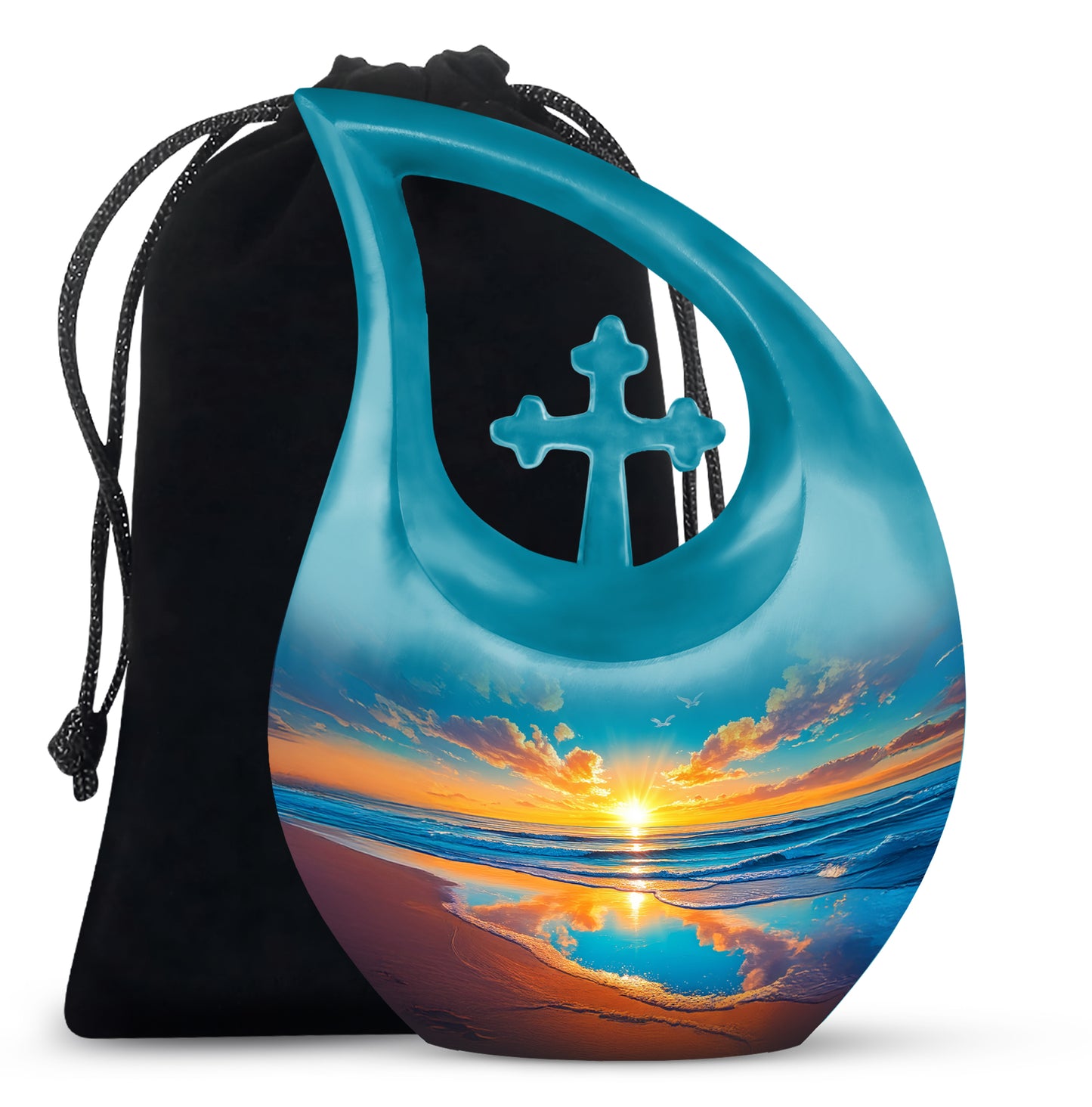 Navy Blue Beach Cremation Urn top-down view of secure threaded lid - sacred cross merged with beach motif on metal - full-size 10 inch 200 cubic inch adult cremation urn