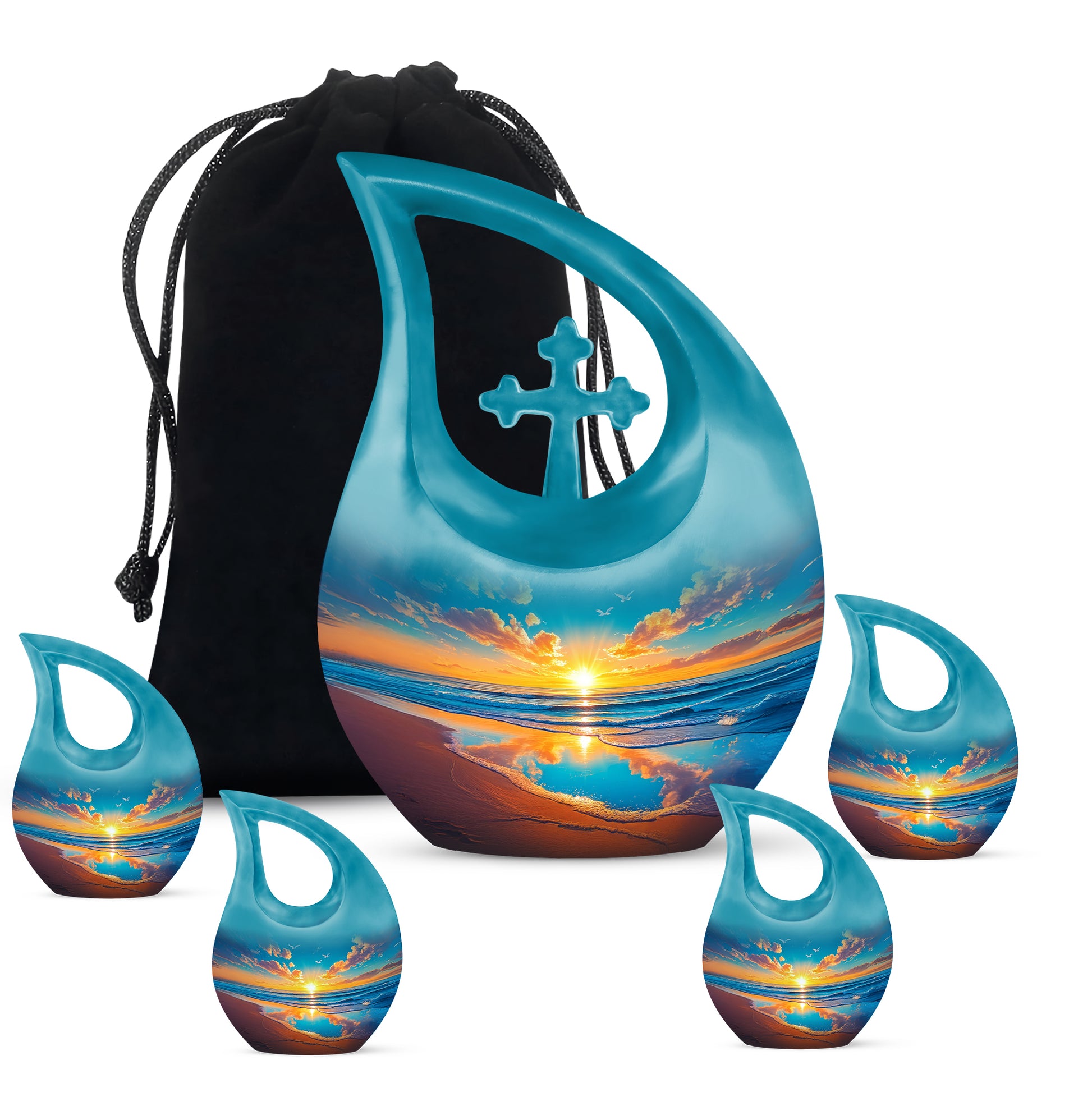 Navy Blue Beach Cremation Urn urn with complimentary velvet bag - cross and beach combined in spiritual memorial design - memorial set with one large and four small urns