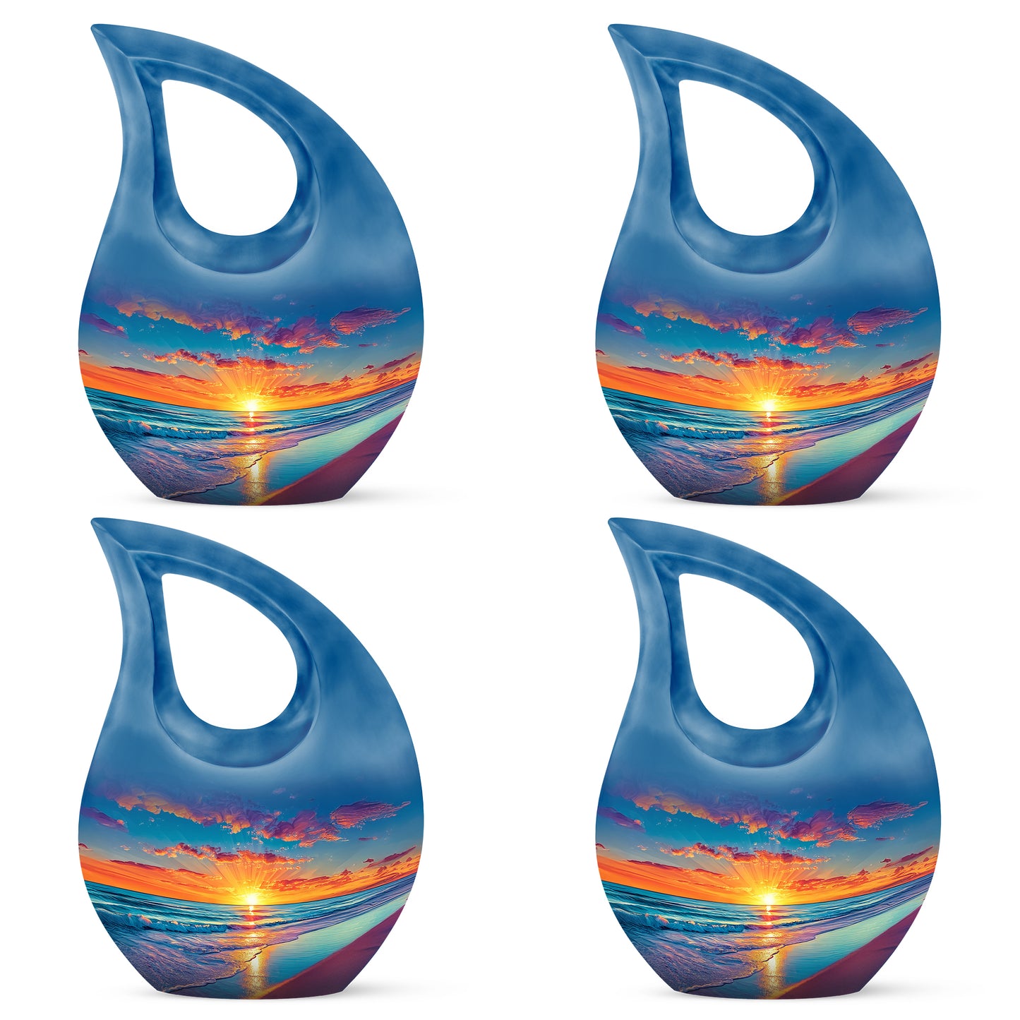 Azure Beach Cremation Urn lifestyle display on memorial shelf - cross and beach combined in spiritual memorial design - 10 inch aluminum urn for cremated remains