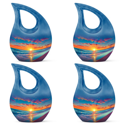 Azure Beach Cremation Urn lifestyle display on memorial shelf - cross and beach combined in spiritual memorial design - 10 inch aluminum urn for cremated remains