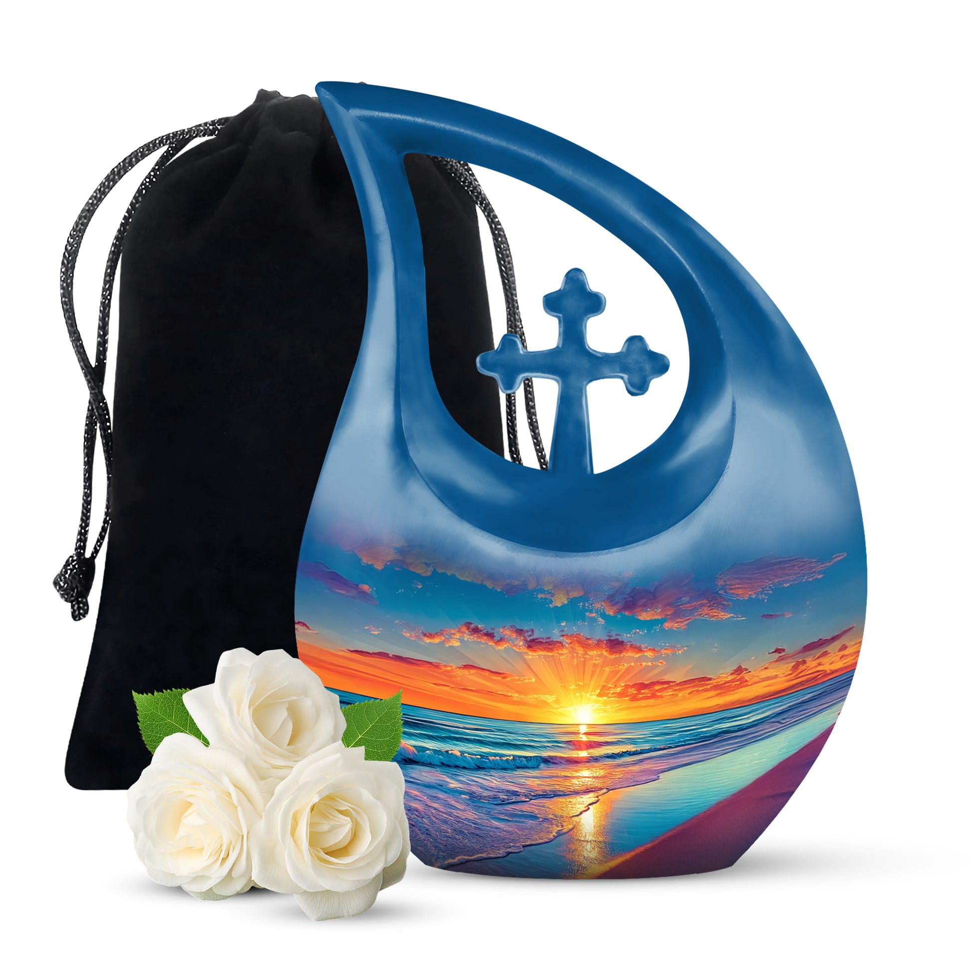 Pastel Blue Beach Cremation Urn top-down view of secure threaded lid - sacred cross merged with beach motif on metal - full-size 10 inch 200 cubic inch adult cremation urn
