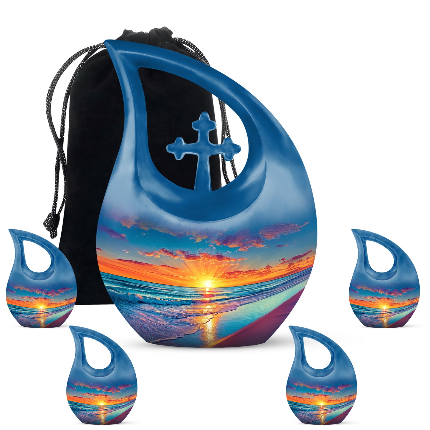 Misty Blue Beach Cremation Urn urn with complimentary velvet bag - sacred cross merged with beach motif on metal - memorial set with one large and four small urns