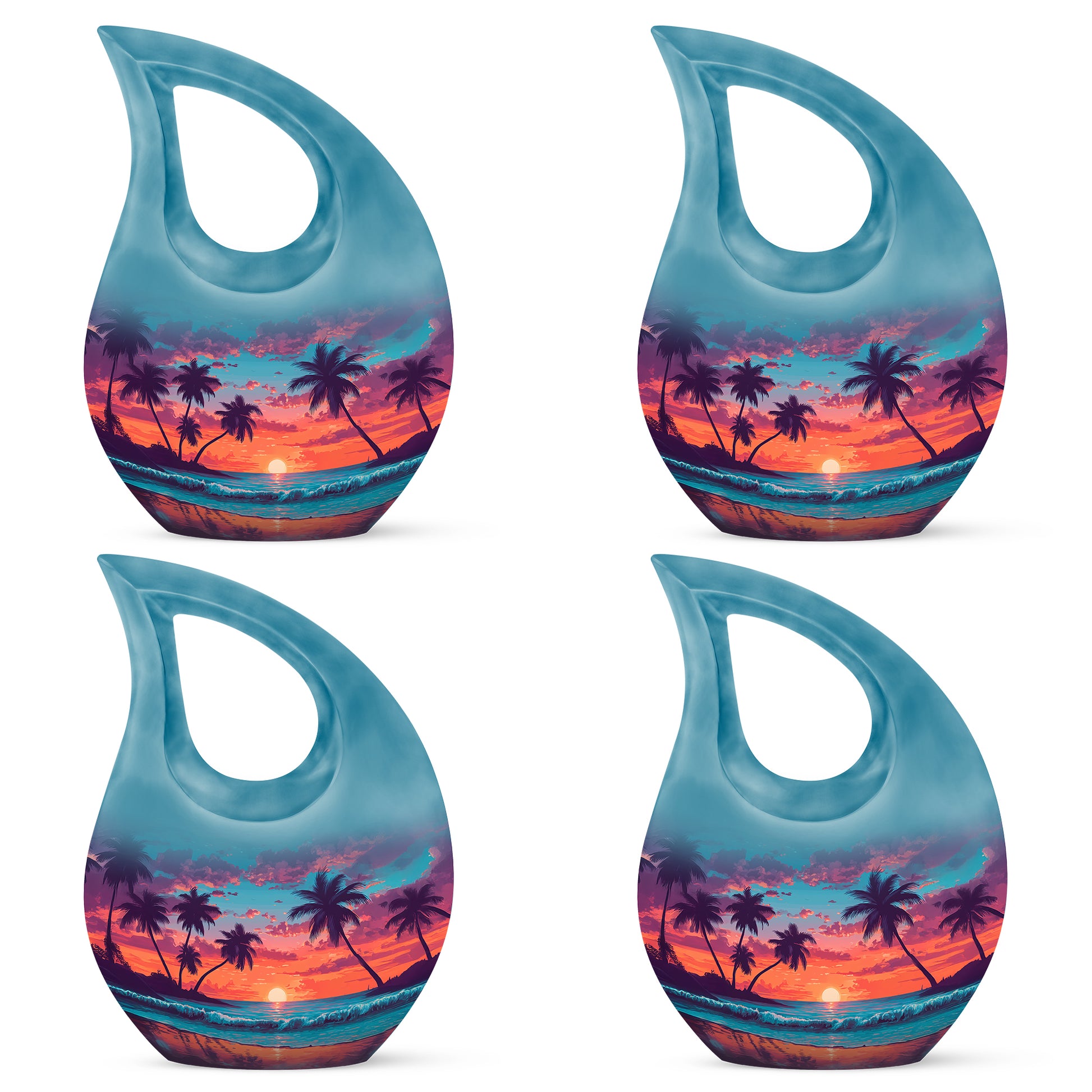 Powder Blue Beach Cremation Urn lifestyle display on memorial shelf - sacred cross merged with beach motif on metal - 10 inch aluminum urn for cremated remains