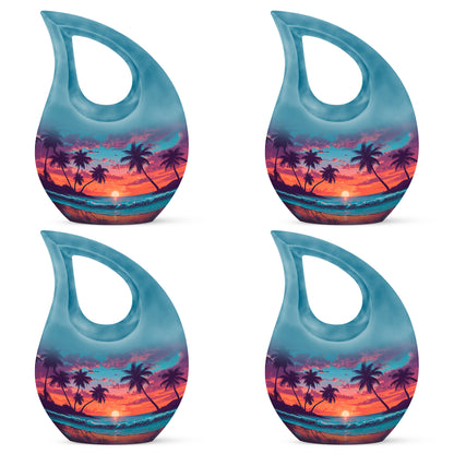 Powder Blue Beach Cremation Urn lifestyle display on memorial shelf - sacred cross merged with beach motif on metal - 10 inch aluminum urn for cremated remains