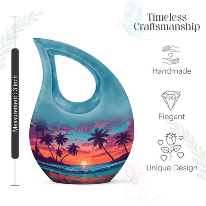 Twilight Blue Beach Cremation Urn back view with polished surface - faith-inspired cross-drop urn with beach pattern - mini keepsake memorial for portion of cremation ashes