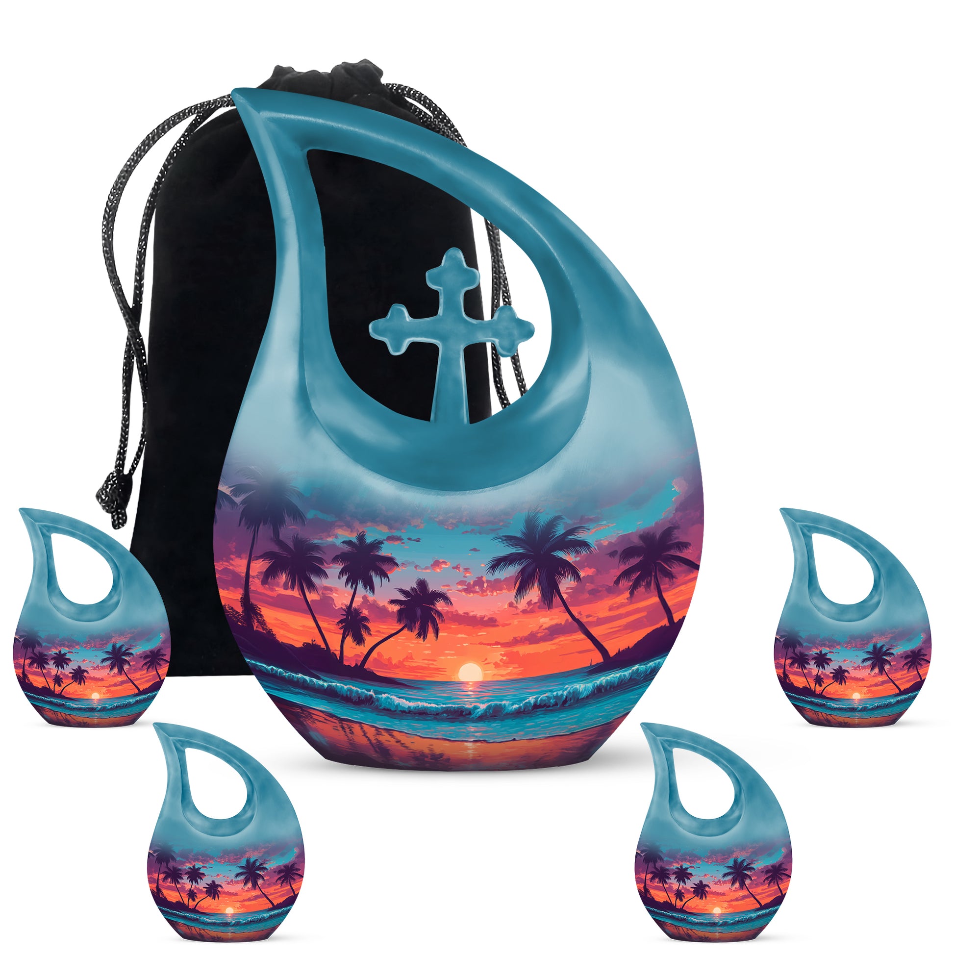 Powder Blue Beach Cremation Urn urn with complimentary velvet bag - sacred cross merged with beach motif on metal - memorial set with one large and four small urns