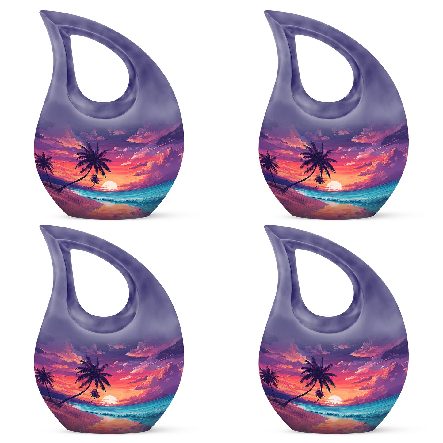 Soft Blue Beach Cremation Urn lifestyle display on memorial shelf - devotional cross-drop beach engraving - 10 inch aluminum urn for cremated remains