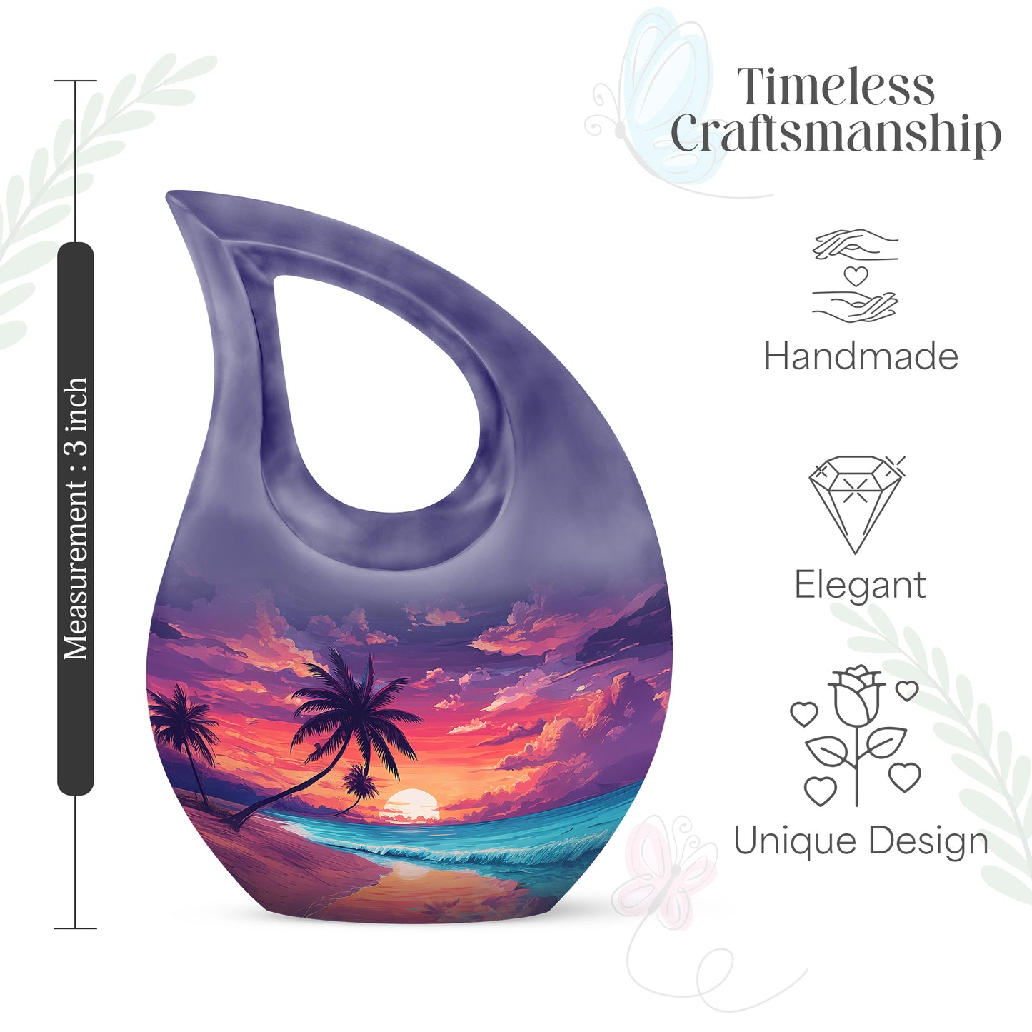 Sapphire Blue Beach Cremation Urn back view with polished surface - devotional cross-drop beach engraving - mini keepsake memorial for portion of cremation ashes