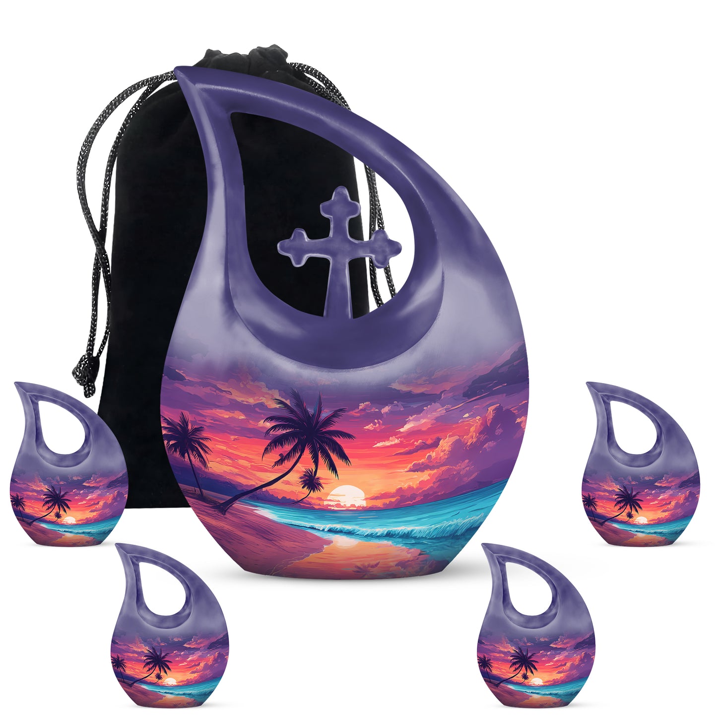 Azure Beach Cremation Urn urn with complimentary velvet bag - sacred cross merged with beach motif on metal - memorial set with one large and four small urns
