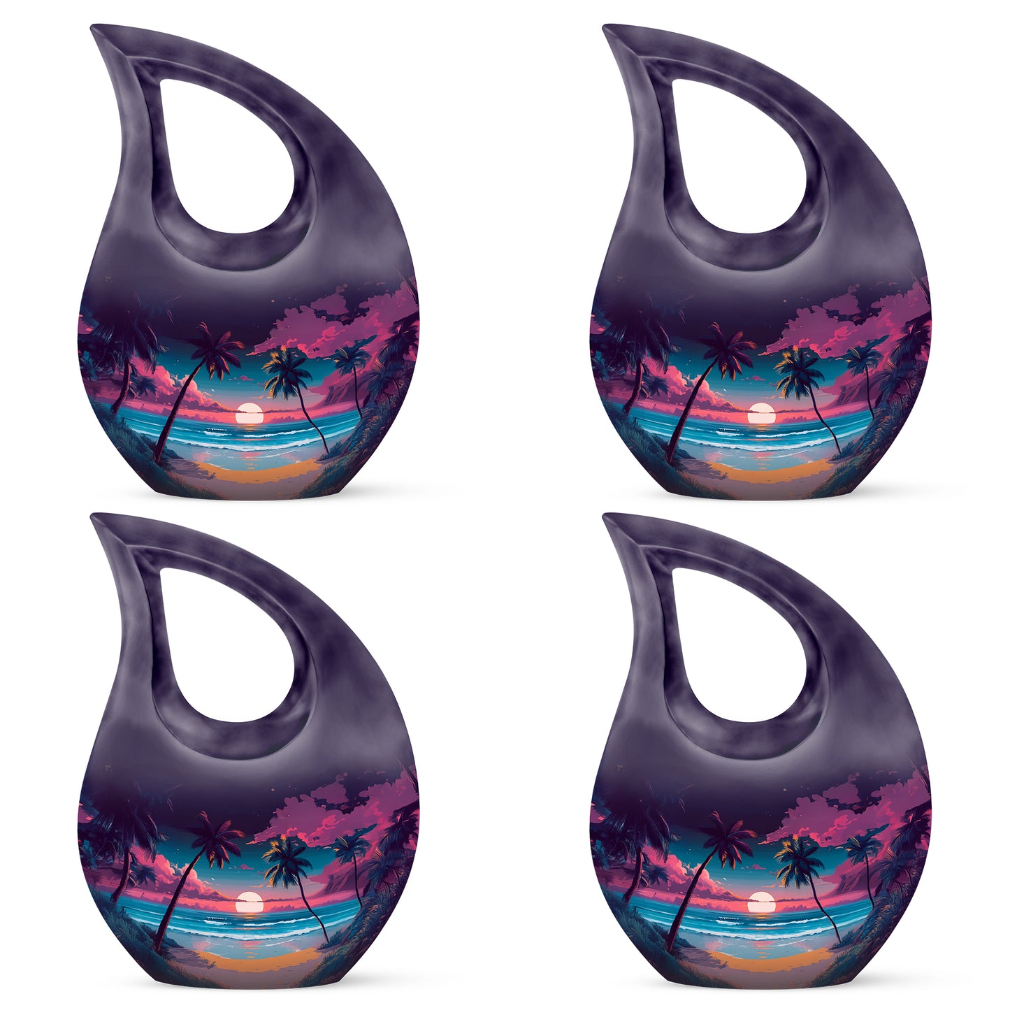 Orchid Purple Beach Cremation Urn lifestyle display on memorial shelf - cross and beach combined in spiritual memorial design - 10 inch aluminum urn for cremated remains