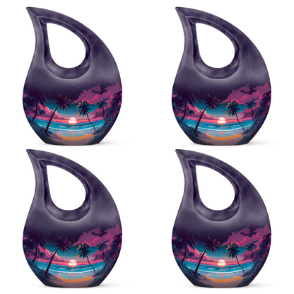 Orchid Purple Beach Cremation Urn lifestyle display on memorial shelf - cross and beach combined in spiritual memorial design - 10 inch aluminum urn for cremated remains