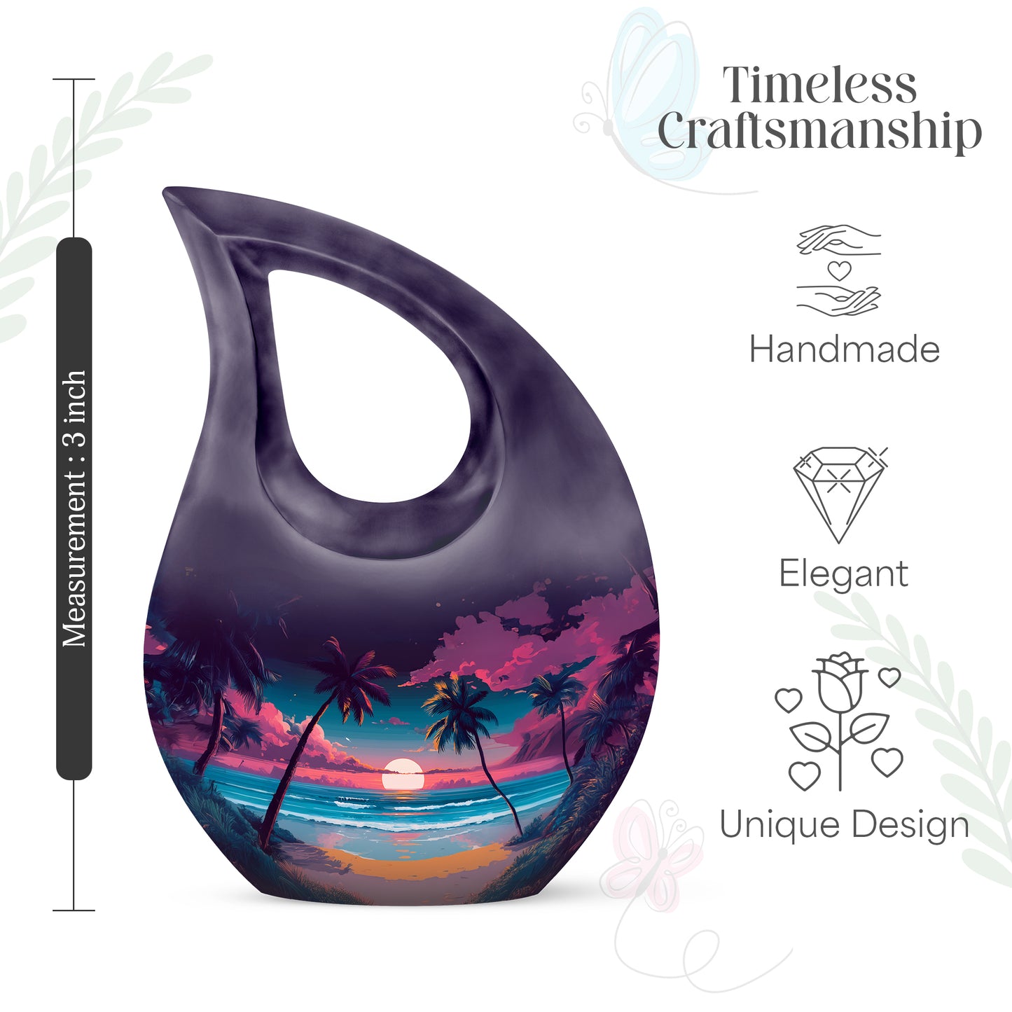 Deep Purple Beach Cremation Urn back view with polished surface - sacred cross merged with beach motif on metal - mini keepsake memorial for portion of cremation ashes