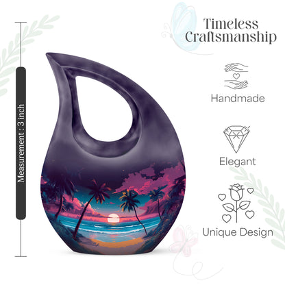 Deep Purple Beach Cremation Urn back view with polished surface - sacred cross merged with beach motif on metal - mini keepsake memorial for portion of cremation ashes
