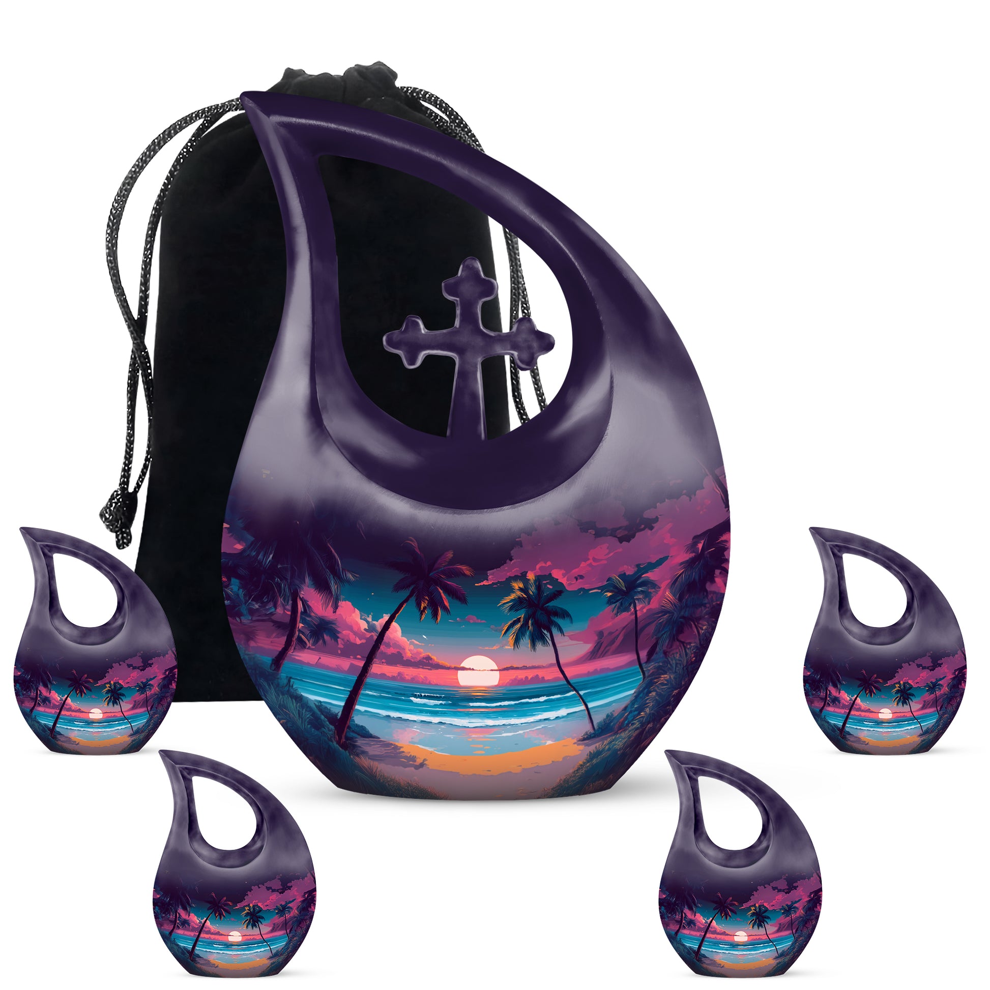 Deep Purple Beach Cremation Urn urn with complimentary velvet bag - cross and beach combined in spiritual memorial design - memorial set with one large and four small urns