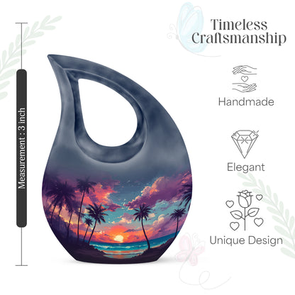 Azure Beach Cremation Urn back view with polished surface - sacred cross merged with beach motif on metal - mini keepsake memorial for portion of cremation ashes
