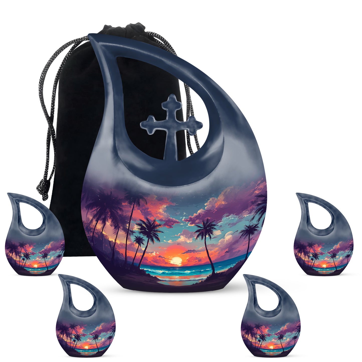 Serene Blue Beach Cremation Urn urn with complimentary velvet bag - faith-inspired cross-drop urn with beach pattern - memorial set with one large and four small urns