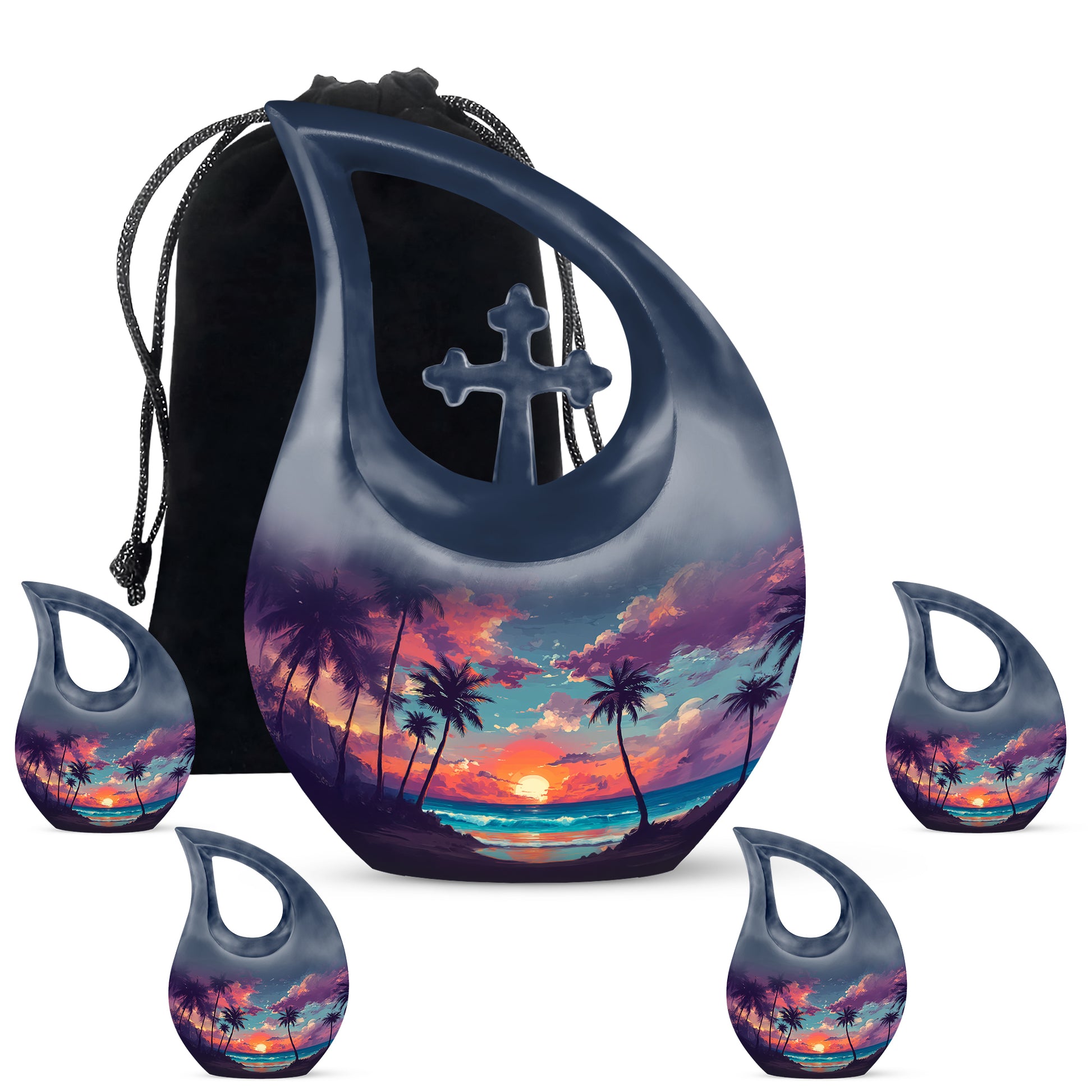 Serene Blue Beach Cremation Urn urn with complimentary velvet bag - faith-inspired cross-drop urn with beach pattern - memorial set with one large and four small urns