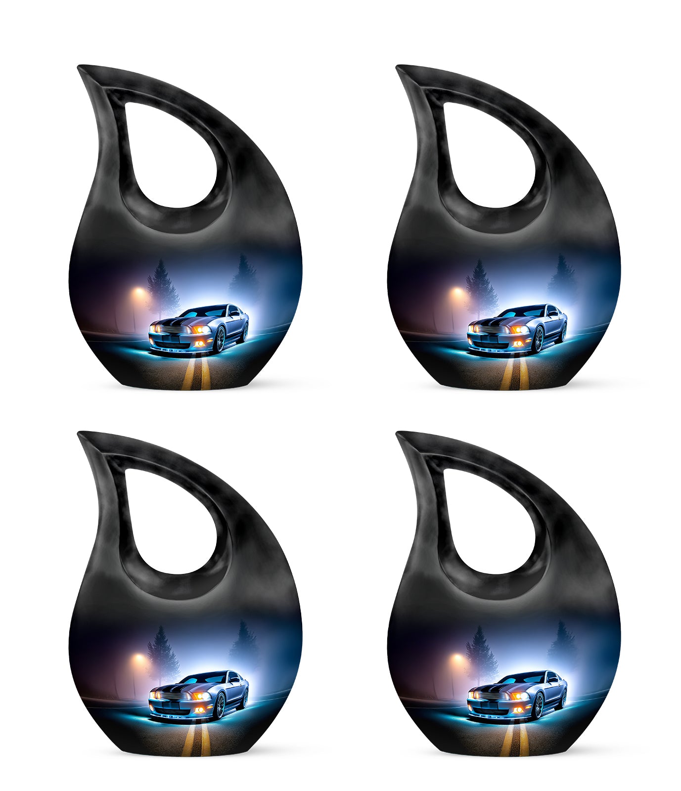 Bright Blue Car Cremation Urn lifestyle display on memorial shelf - devotional cross-drop car engraving - 10 inch aluminum urn for cremated remains