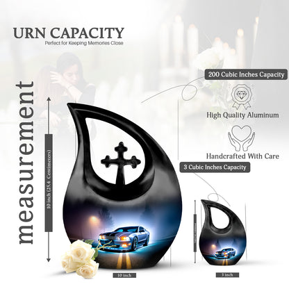 Slate Blue Car Cremation Urn back view with polished surface - sacred cross merged with car motif on metal - mini keepsake memorial for portion of cremation ashes