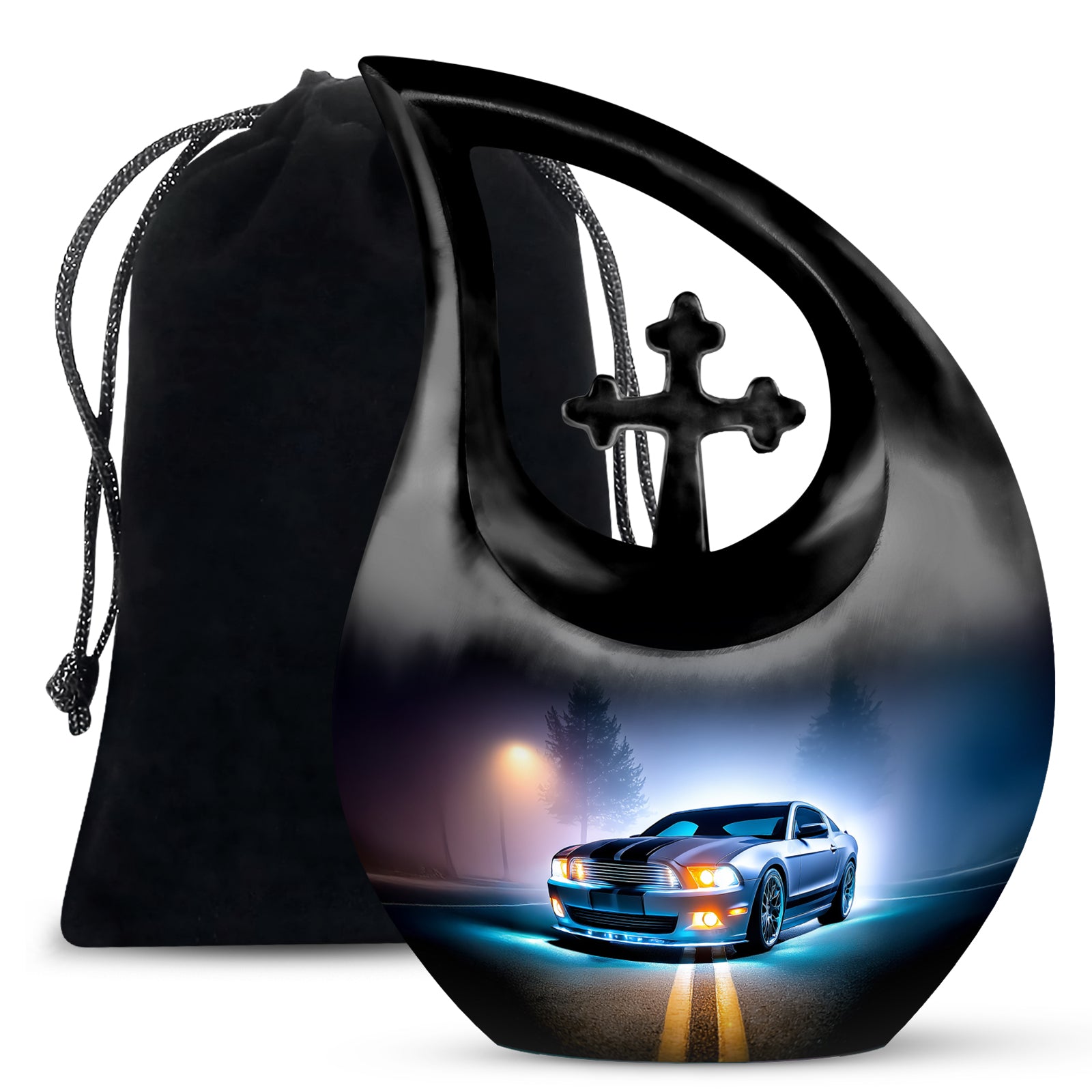 Navy Blue Car Cremation Urn top-down view of secure threaded lid - cross and car combined in spiritual memorial design - full-size 10 inch 200 cubic inch adult cremation urn