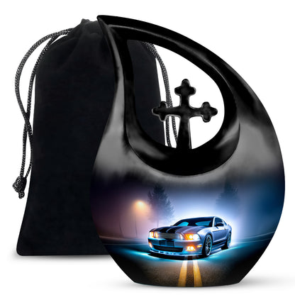 Navy Blue Car Cremation Urn top-down view of secure threaded lid - cross and car combined in spiritual memorial design - full-size 10 inch 200 cubic inch adult cremation urn