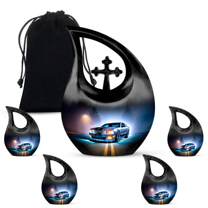 Dusty Blue Car Cremation Urn urn with complimentary velvet bag - sacred cross merged with car motif on metal - memorial set with one large and four small urns
