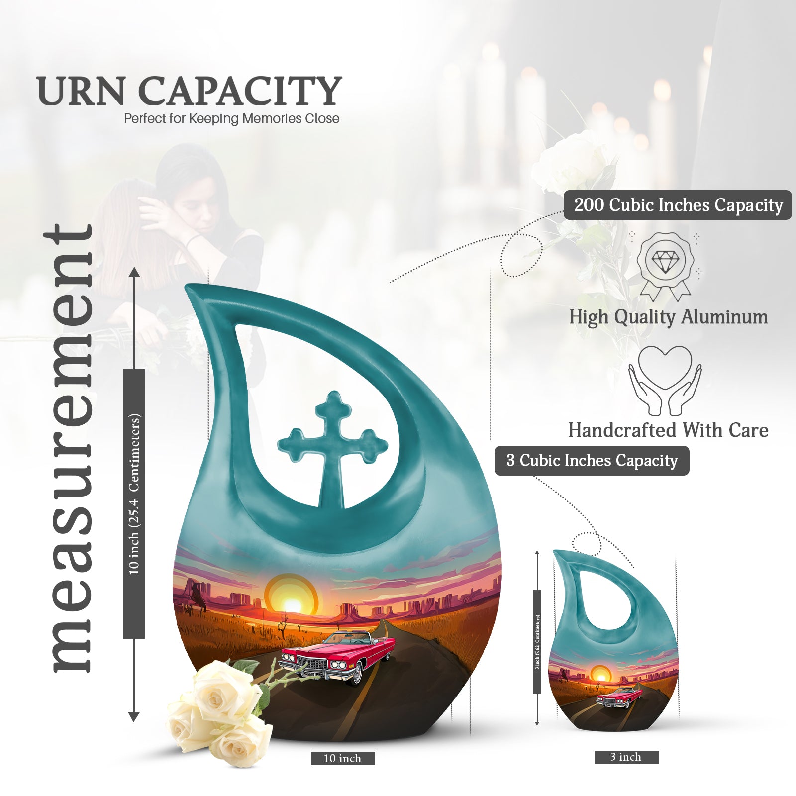 Powder Blue Car Cremation Urn back view with polished surface - cross and car combined in spiritual memorial design - mini keepsake memorial for portion of cremation ashes