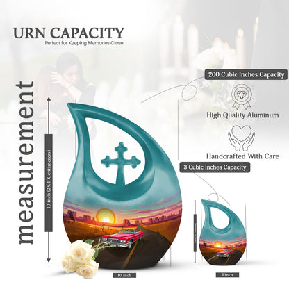 Powder Blue Car Cremation Urn back view with polished surface - cross and car combined in spiritual memorial design - mini keepsake memorial for portion of cremation ashes