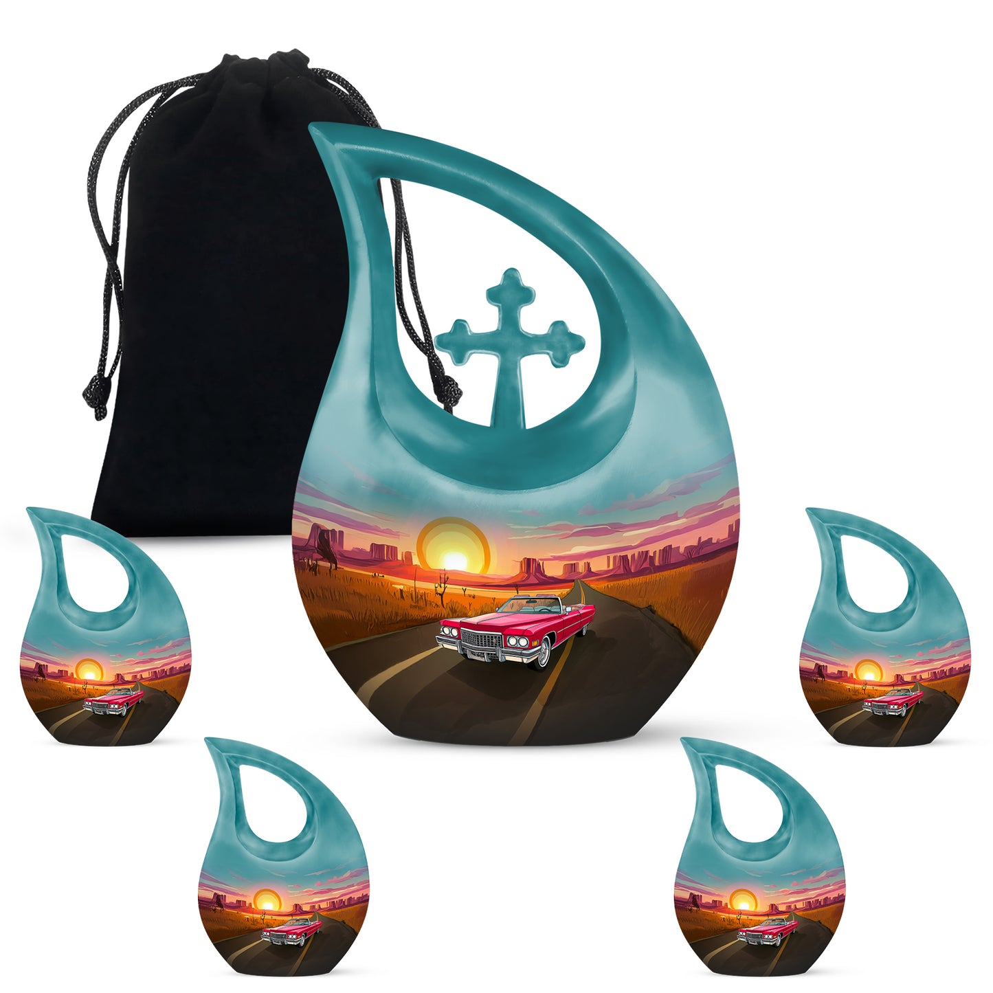 Celestial Blue Car Cremation Urn urn with complimentary velvet bag - cross and car combined in spiritual memorial design - memorial set with one large and four small urns