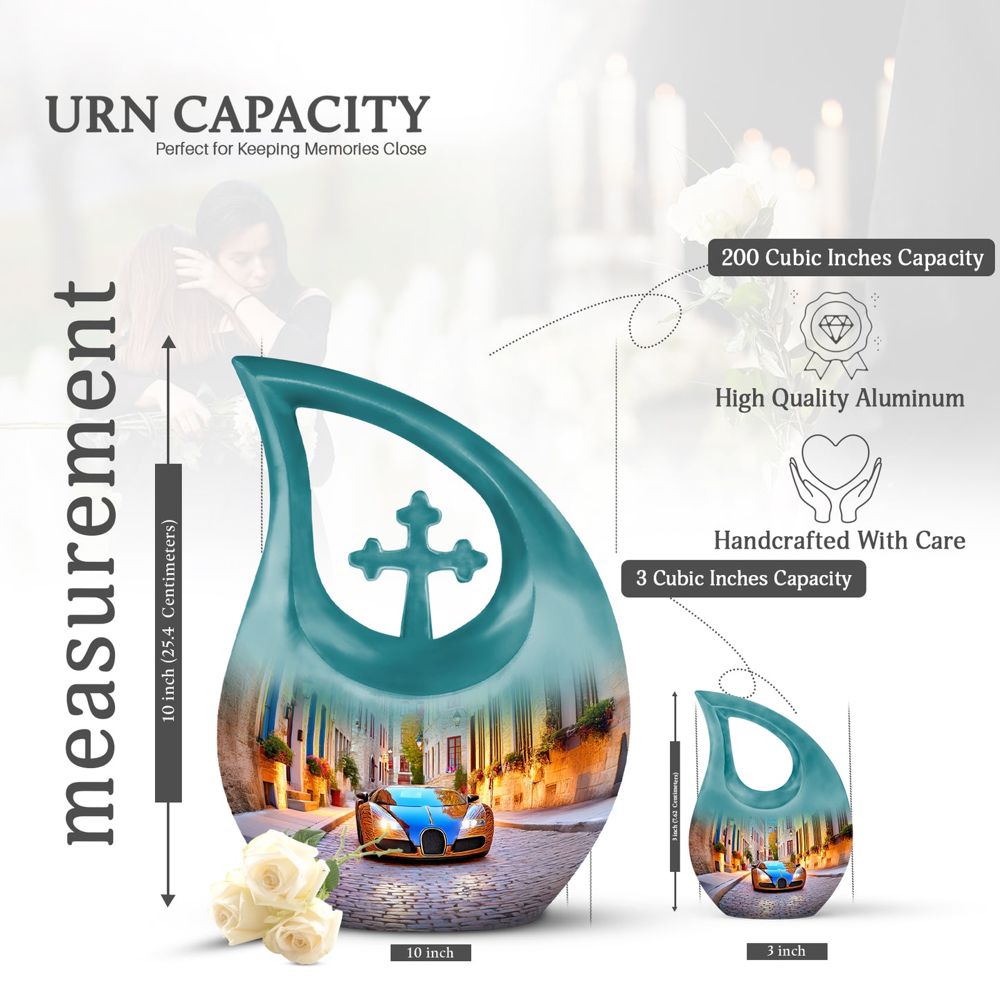 Powder Blue Car Cremation Urn back view with polished surface - cross and car combined in spiritual memorial design - mini keepsake memorial for portion of cremation ashes