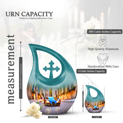 Powder Blue Car Cremation Urn back view with polished surface - cross and car combined in spiritual memorial design - mini keepsake memorial for portion of cremation ashes