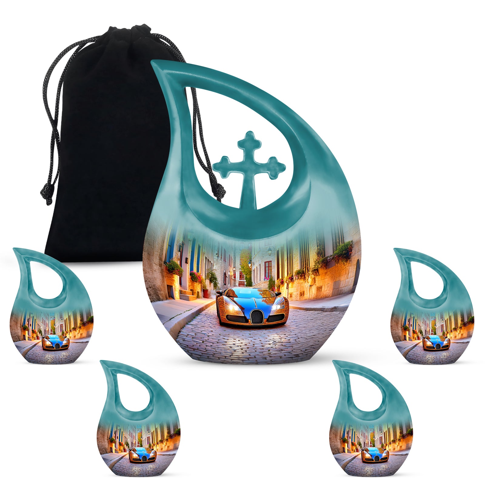 Slate Blue Car Cremation Urn urn with complimentary velvet bag - cross and car combined in spiritual memorial design - memorial set with one large and four small urns