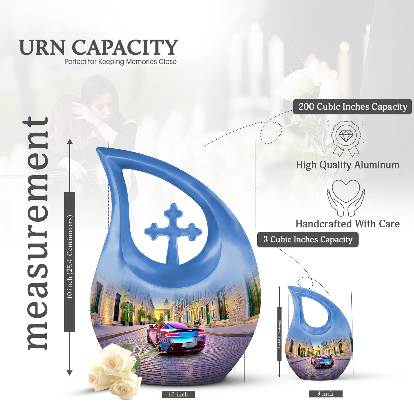 Soft Blue Car Cremation Urn back view with polished surface - faith-inspired cross-drop urn with car pattern - mini keepsake memorial for portion of cremation ashes