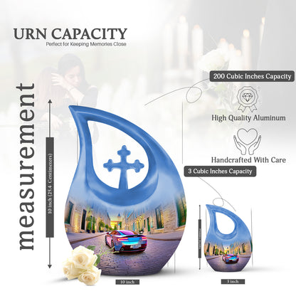 Soft Blue Car Cremation Urn back view with polished surface - faith-inspired cross-drop urn with car pattern - mini keepsake memorial for portion of cremation ashes