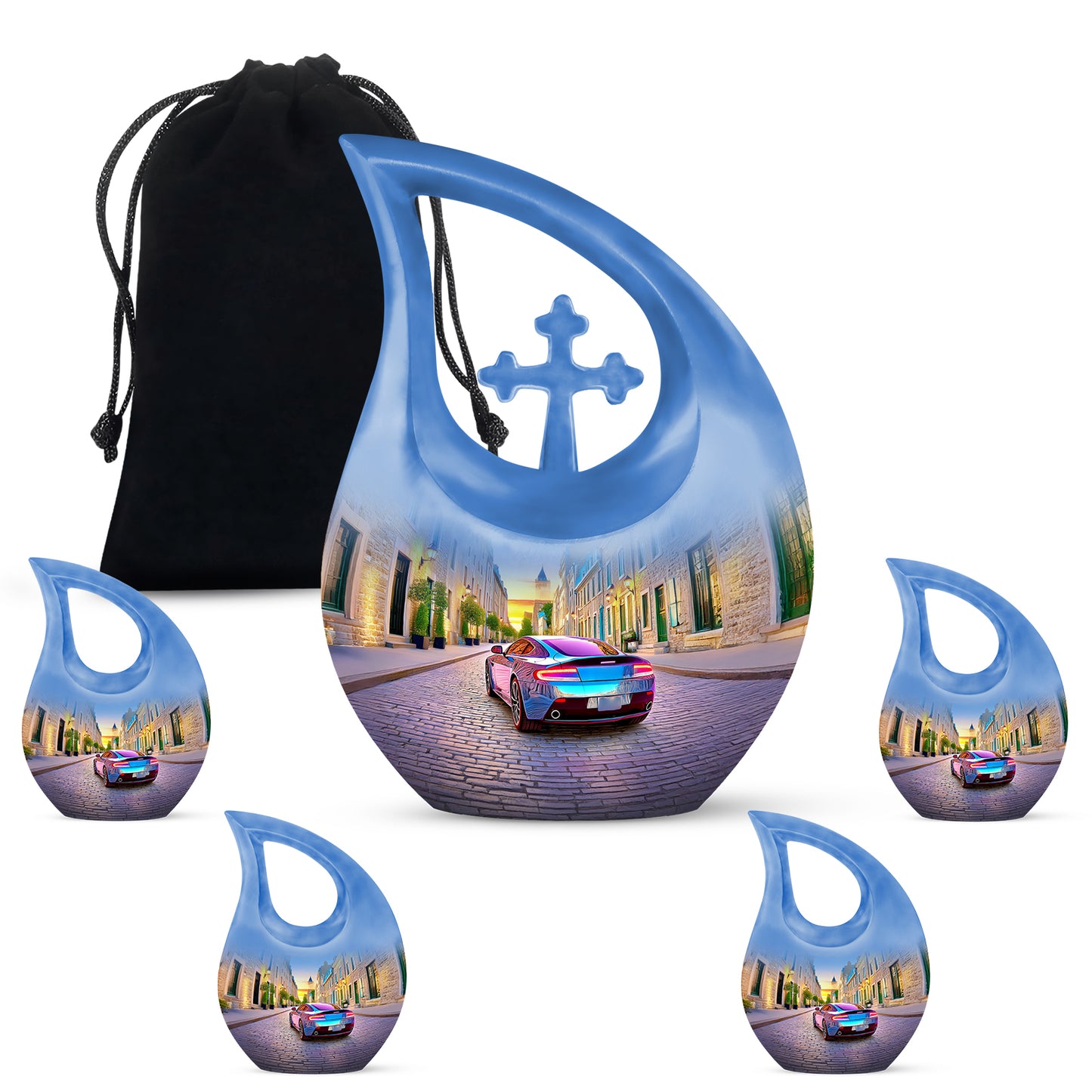 Calming Blue Car Cremation Urn urn with complimentary velvet bag - faith-inspired cross-drop urn with car pattern - memorial set with one large and four small urns