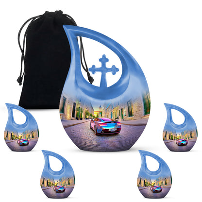 Calming Blue Car Cremation Urn urn with complimentary velvet bag - faith-inspired cross-drop urn with car pattern - memorial set with one large and four small urns