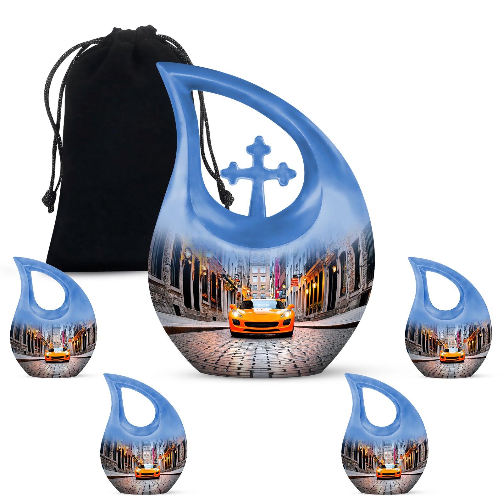 Cream White Car Cremation Urn urn with complimentary velvet bag - devotional cross-drop car engraving - memorial set with one large and four small urns