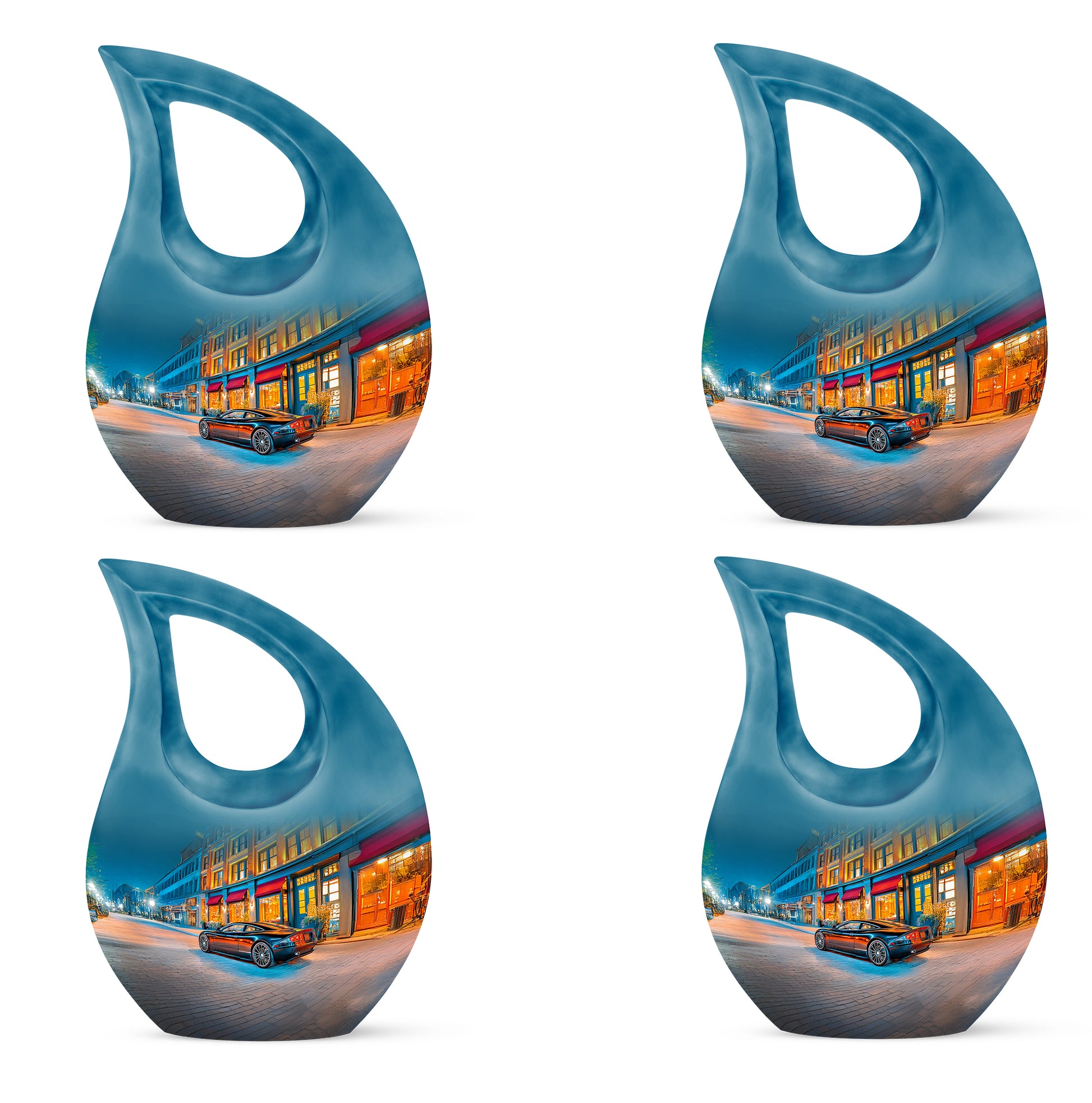 Calming Blue Car Cremation Urn lifestyle display on memorial shelf - faith-inspired cross-drop urn with car pattern - 10 inch aluminum urn for cremated remains