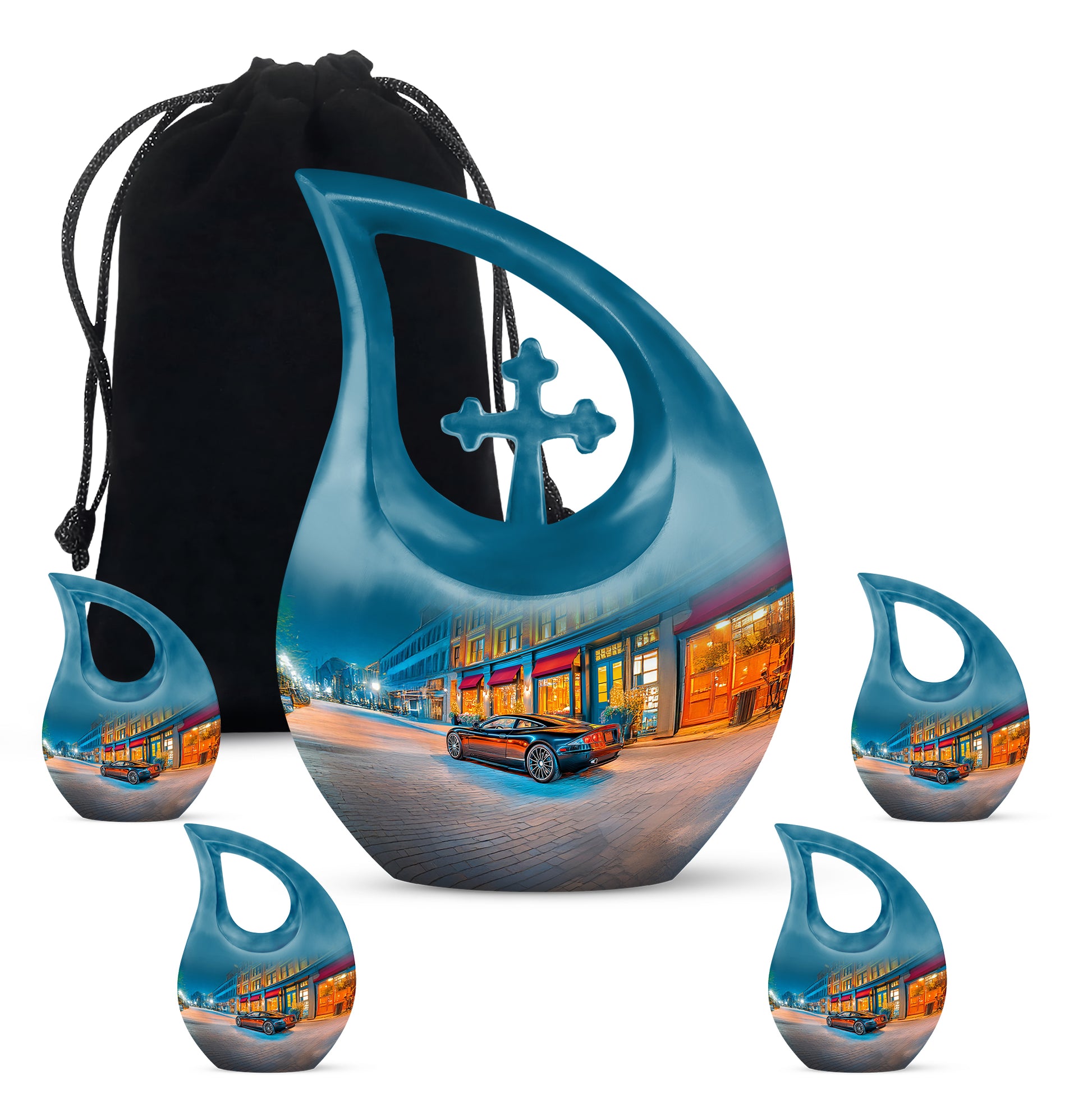 Serene Blue Car Cremation Urn urn with complimentary velvet bag - devotional cross-drop car engraving - memorial set with one large and four small urns
