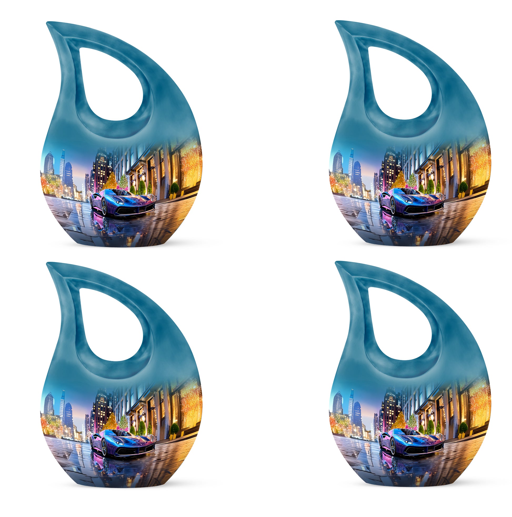Azure Car Cremation Urn lifestyle display on memorial shelf - sacred cross merged with car motif on metal - 10 inch aluminum urn for cremated remains