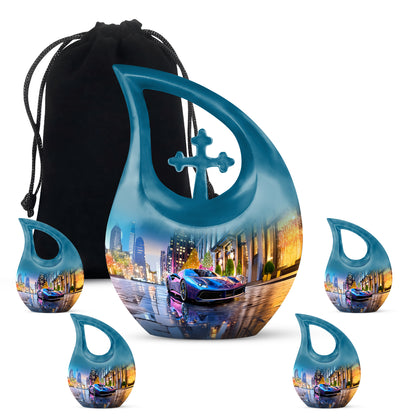 Cornflower Blue Car Cremation Urn urn with complimentary velvet bag - faith-inspired cross-drop urn with car pattern - memorial set with one large and four small urns